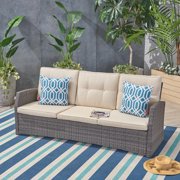 Sanger Outdoor Wicker 3 Seater Sofa with Cushion, Grey, Beige
