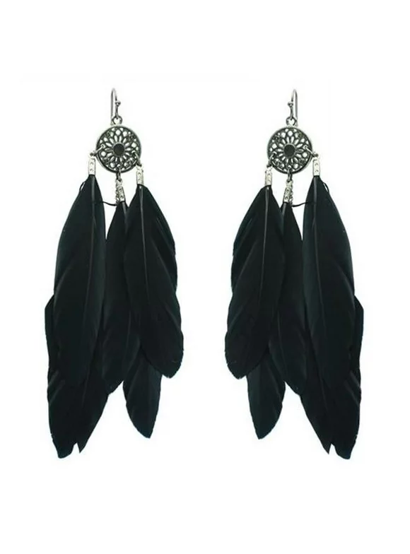 Western Fashion 22352 Earring with Feathers, Burnished Silver & Black