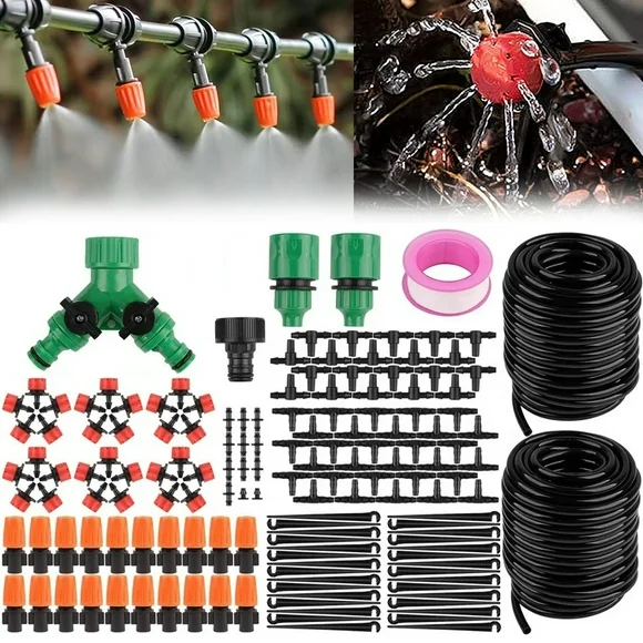 Drip Irrigation Kits, 100ft/30M Greenhouse Irrigation System Patio Misting Plant Watering System, with 1/4 inch Irrigation Tubing Hose Adjustable Nozzle Emitters Barbed Fittings