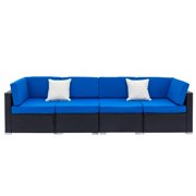Ktaxon Outdoor Black Rattan Pool Garden 4 Seater Sofa with Blue Cushions