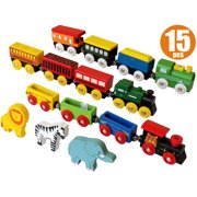 The Premium 12 Pcs Wooden Engines & Train Cars Collection With 3 Extra Animals, 100% Compatible with Thomas Railway, Brio Tracks, and Chuggington System + Free Gift Box Design