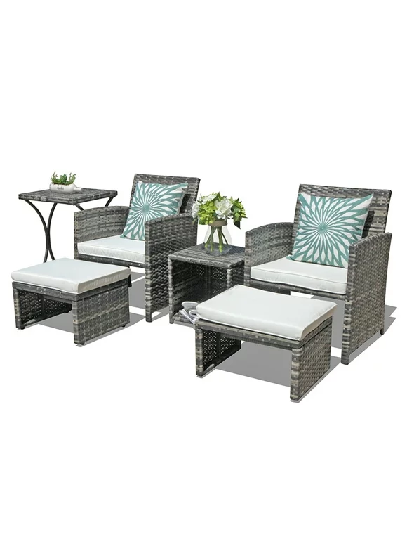 Orange-Casual 6 Pieces Patio Furniture Conversation Set with Ottoman Grey Wicker Patio Set with Footstools