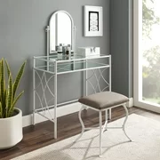 Mainstays Lattice Metal and Glass Vanity Set with Shelf and Upholstered Stool, Multiple Colors