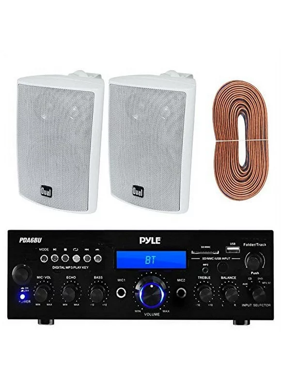 Pyle PDA6BU Amplifier Receiver Stereo, Bluetooth, AM/FM Radio, USB Flash Reader, Aux input LCD Display, 200 Watt With Dual LU43PW Indoor/Outdoor Speakers Bundle With Enrock 50ft 16g Speaker Wire