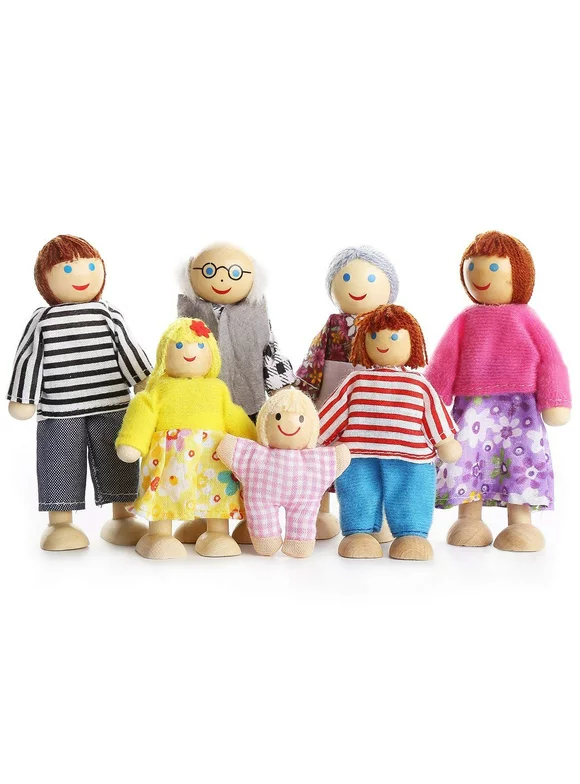 Amerteer Dolls Family Wooden Dolls Playset Wooden Figures Set of 7-Piece People for Children House Pretend Gift