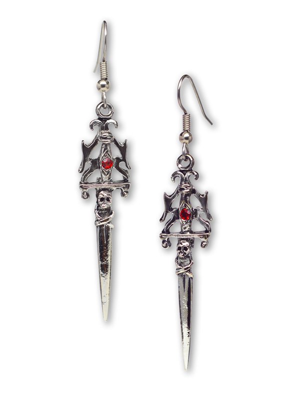 Gothic Skull Dagger Medieval Renaissance Dangle Earrings with Red Austrian Crystals Real Metal #971