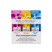 Bare Republic Mineral SPF 50 Neon Sunscreen Stick 3-Pack - Festival Edition - Pink, Yellow, Blue