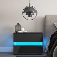 Modern High Gloss LED Nightstand, with 2 Drawers, 20 LED Light Mode System with Remote, Bedroom Decoration