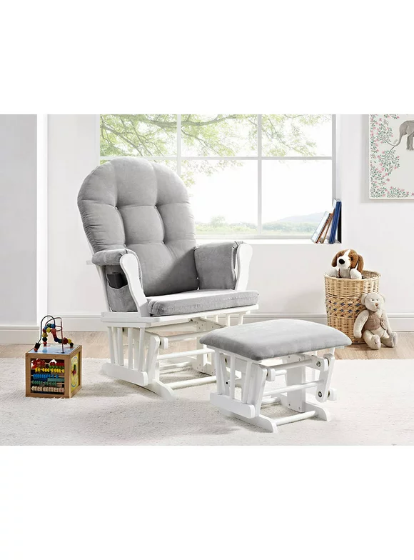 Angel Line Windsor Glider and Ottoman, White Finish with Gray Cushions