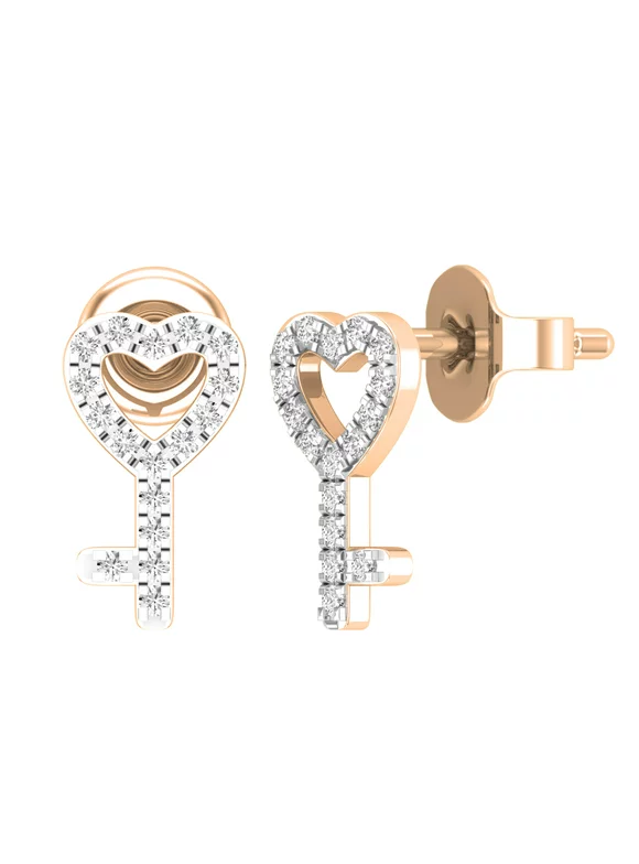 Dazzlingrock Collection Round White Diamond Heart Key Push-back Stud Earrings for Women (0.10 ctw, Color I-J, Clarity I1-I2) in 18K Rose Gold