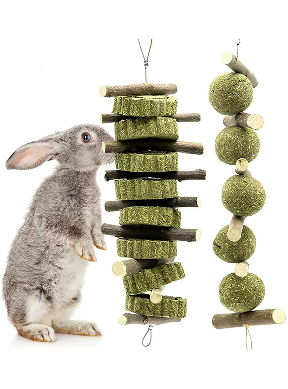 Bunny Chew Toys, Natural Apple Wood Organic Timothy Hay Balls Grass Cakes Guinea Pigs Hamsters Toys Cage Accessories for Rabbits Squirrel Gerbils Small Pets Chewing and Playing & Teeth Care