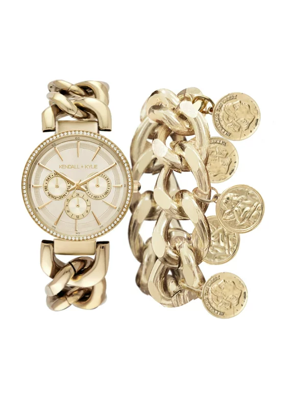 Kendall + Kylie Watch: Gold Toned Metal Chain Strap Chronograph and Coin Bracelet Set
