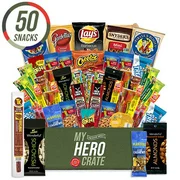 My Hero Crate Military Care Package - 50 Pcs Snack Box Gift Basket - Variety Pack with Chips, Candy, Pirate Booty, Nuts and More