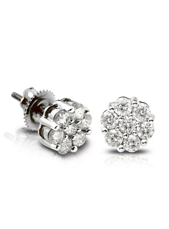 LoveBling 10K White Gold 0.15 Carats (ctw) Diamond Flower Cluster Earrings 0.14" Diameter