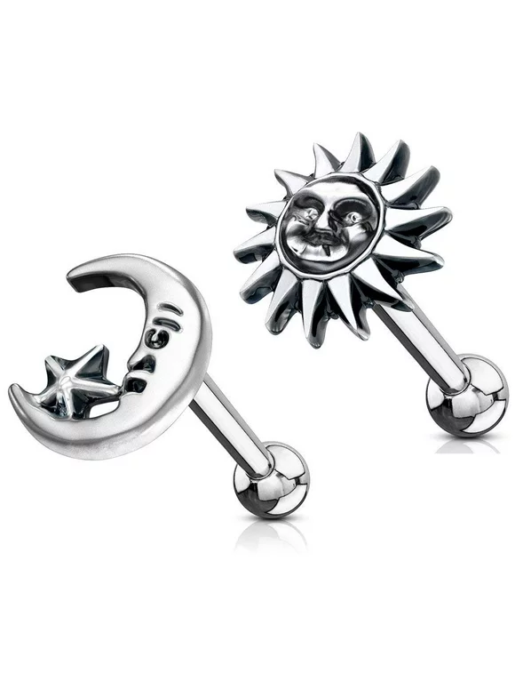 MoBody 2 Pieces Antique Sun and Moon Tragus Earring Set Surgical Steel Cartilage Piercing Barbell Stud 16G