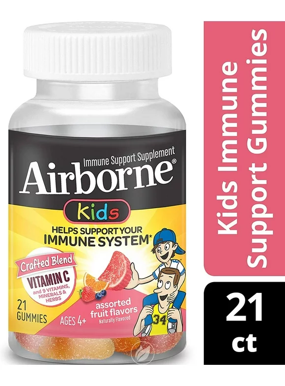 Airborne Vitamin C 500mg - Airborne Kids Assorted Fruit Flavored Gummies (21 count in a bottle), Gluten-Free Immune Support Supplement with Echinacea and Ginger, Packaging May Vary