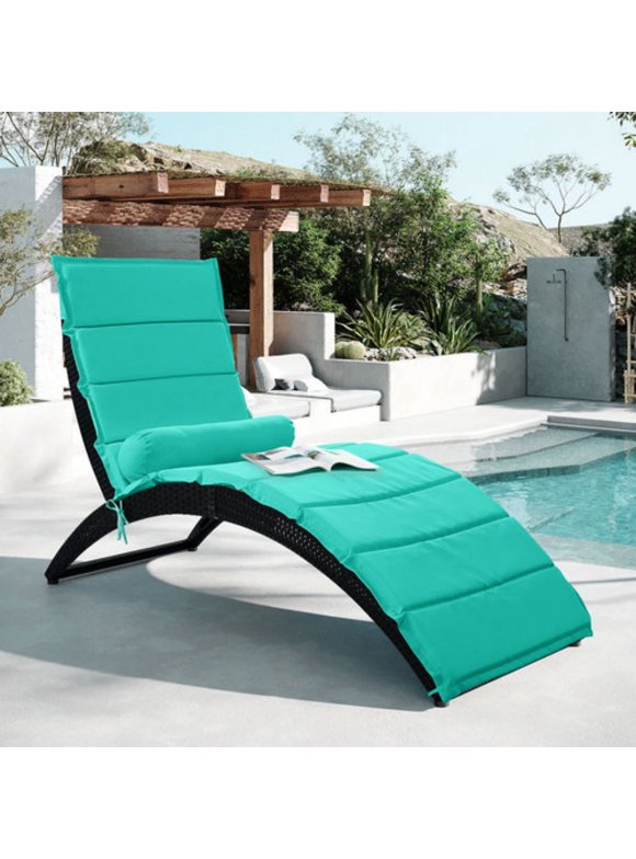 Cmgb Patio Wicker Sun Lounger, PE Rattan Foldable Chaise Lounger with Removable Cushion and Bolster Pillow, Black Wicker and Turquoise Cushion