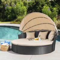 LACOO Outdoor Patio Round Daybed with Retractable Canopy Wicker Furniture Sectional Seating with Beige Washable Cushions for Patio Backyard Porch Pool Daybed Separated Seating