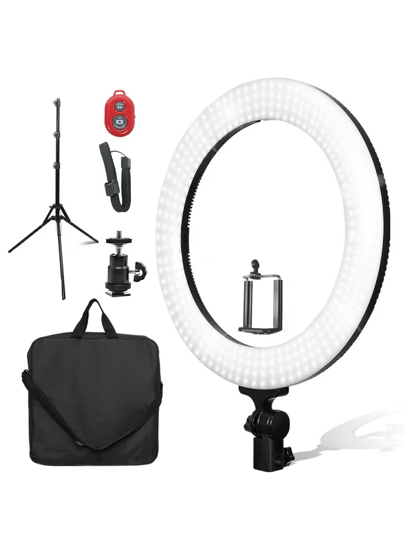 LS Photography 18" Dimmable Dual Colored LED Round Ring Light, Bluetooth Remote Phone holder WMT1281, Black