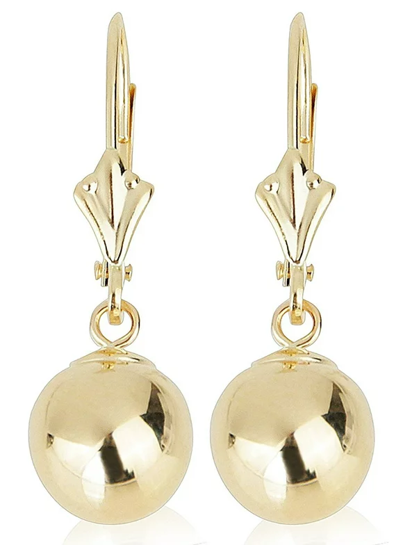 14k Yellow Gold Drop Earrings with Round Gold Ball (Lever back Ball Earrings, Balls Available in 5-8 mm)