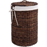 BirdRock Home Abaca Laundry Hamper with Liner - Round Clothes Bin with Lid - Organize Laundry - Cut-Out Handles for Easy Transport - Includes Machine Washable Canvas Liner (Espresso)