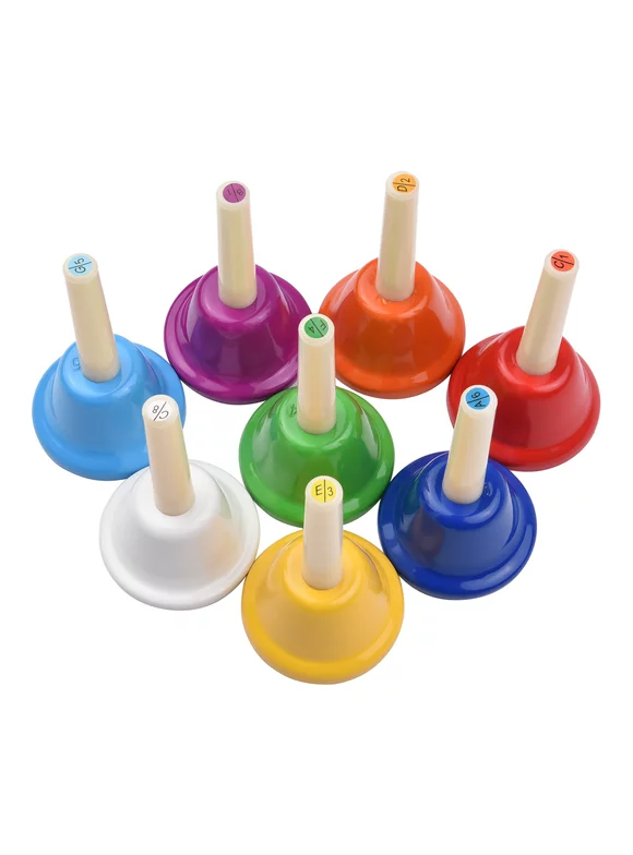 Muslady 8pcs Colorful Handbell 8 Note Diatonic Metal Hand Bells Set Tinkle Bells Percussion Instrument Toy for Kids Children