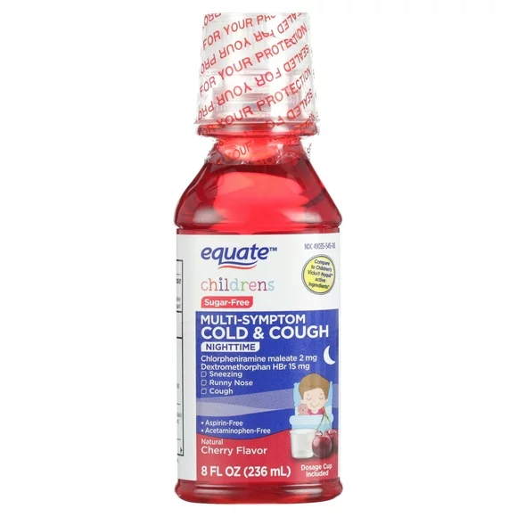 Equate Children's Multi-Symptom Sugar-Free Nighttime Cough and Cold Liquid, over the Counter, Cherry Flavor, 8 fl oz