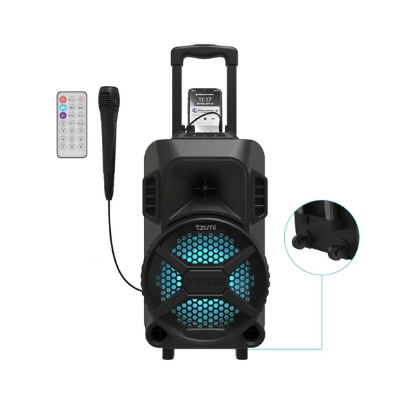 MegaBass LED Jobsite Speaker, Rechargeable Bluetooth Party Speaker with 8in. Subwoofer and Microphone