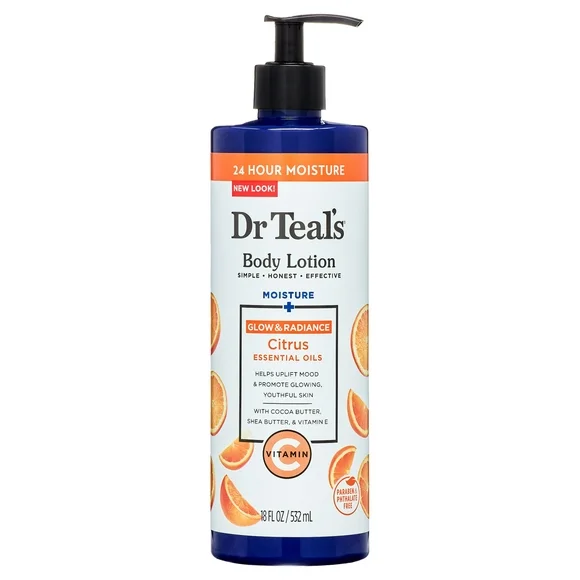 Dr Teal's Body Lotion, 24 Hour Moisture + Radiant with Vitamin C & Citrus Essential Oils, 18 fl oz.
