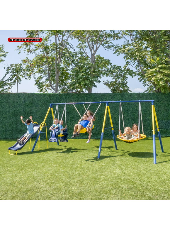 Sportspower Super Star Metal Swing Set with Saucer Swing, Glider Swing, and 6' Double Wall Slide with Lifetime Warranty