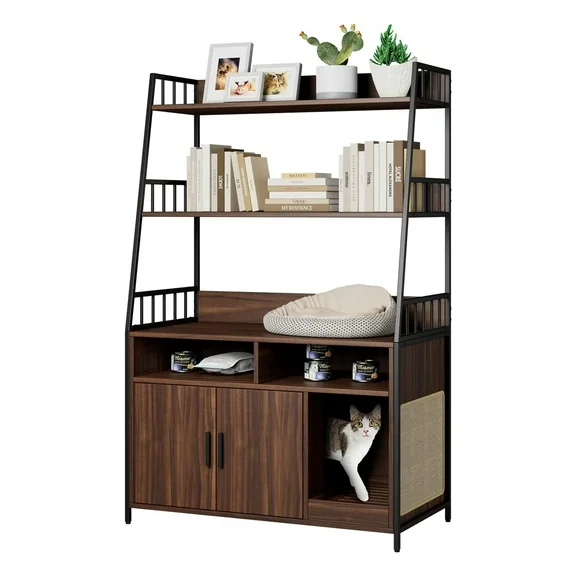 AIEGLE Multi-Layer Storage Shelf Cat Cabinet with 3 Shelves, Wood Cat Washroom Furniture Hidden Cat Litter Box with Side Scratch, Walnut
