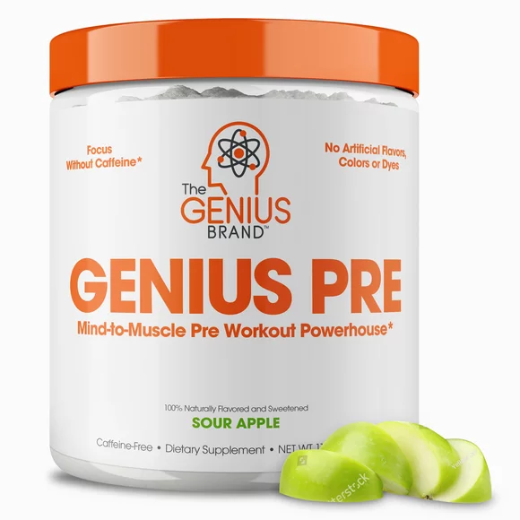 Genius Pre, Pre Workout Powder - Caffeine Free Natural Nootropic Pre Workout Energy Supplement, Sour Apple - 20 Servings - The Genius Brand