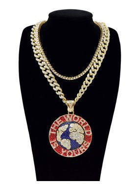 Men's Hip Hop Style Gold Tone Plated 24" Iced Cuban Chain with Large The World Is Yours Pendant and 20" Single Row Tennis Chain