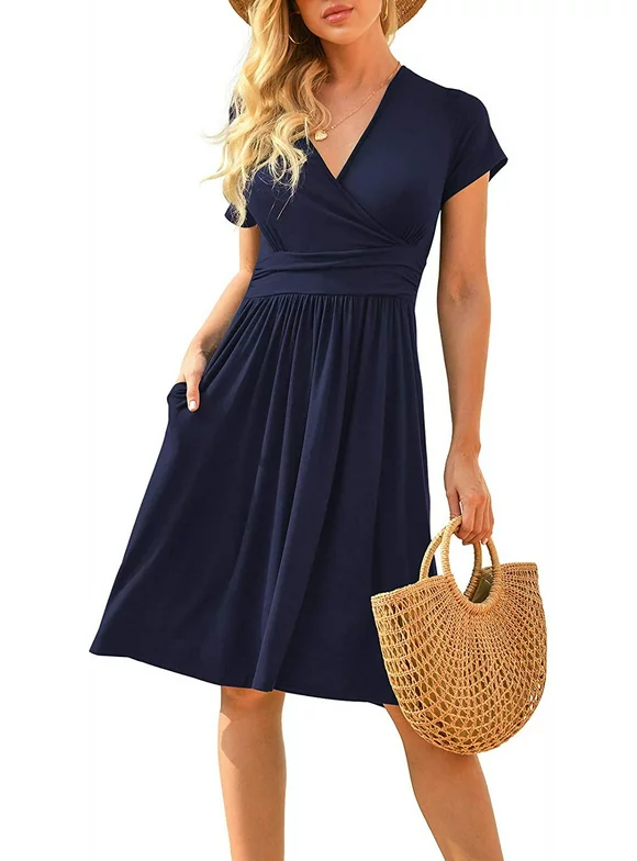 POPYOUNG Women's Summer Casual Short Sleeve V-Neck Short Party Dress with Pockets Navy Blue S