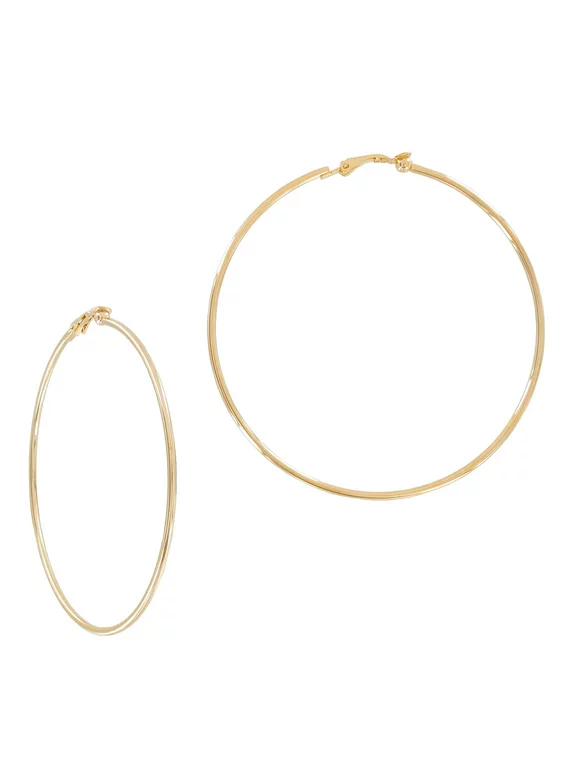 Large Yellow Gold Tone Plain Wire Clip On Hoop Earrings 3" Ladies Adult Female Women
