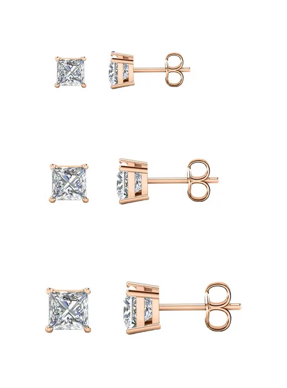 Savlano 3 Pair 14K Gold Plated Cubic Zirconia Princess Cut Stud Earrings Comes In 4mm, 6mm & 8mm For Women, Girls & Men