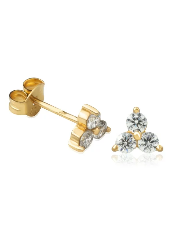 18K Yellow Gold Plated Sterling Silver CZ Stud Earrings, Pronged Trinity