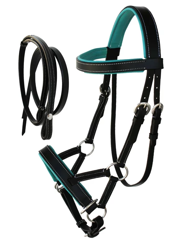 Horse Western Leather Teal Padded Bitless Sidepull Bridle Reins 77RS33TL-F