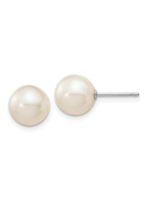 Solid 14k White Gold 8-9mm White Round Freshwater Cultured Pearl Stud Post Earrings mm
