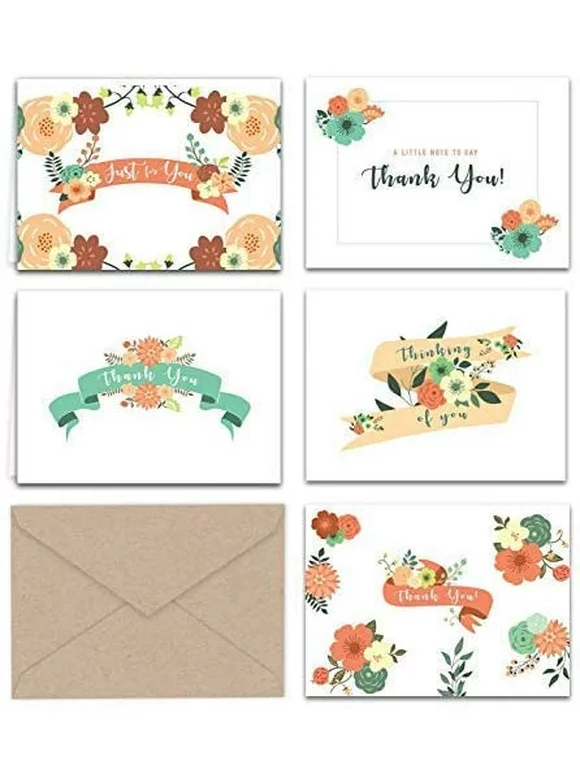 Paper Frenzy Vintage Floral Banners Thank You and Greeting Notes with Envelopes - 25 pack