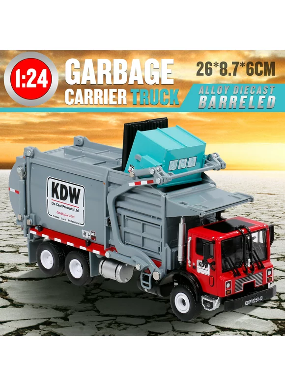 Alloy Diecast Barreled Garbage Carrier Truck 1:24 Waste Material Transporter Vehicle Mod Collector Hobby Toys for Kids Christmas Gift