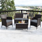 4 PCS Outdoor Patio Rattan Furniture Set Table Shelf Sofa with Black Cushions NEW