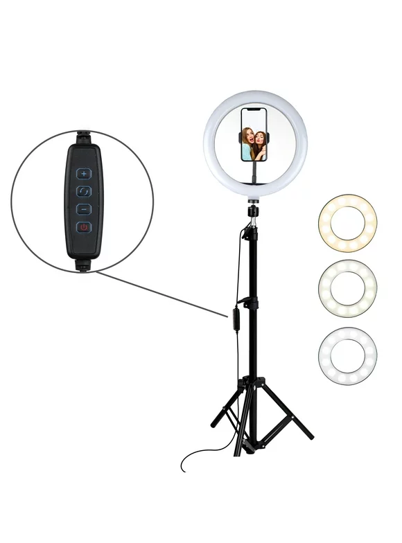 Aduro U-Stream 10" Selfie Ring Light LED with Adjustable Phone Black Tripod Stand Holder USB Charging