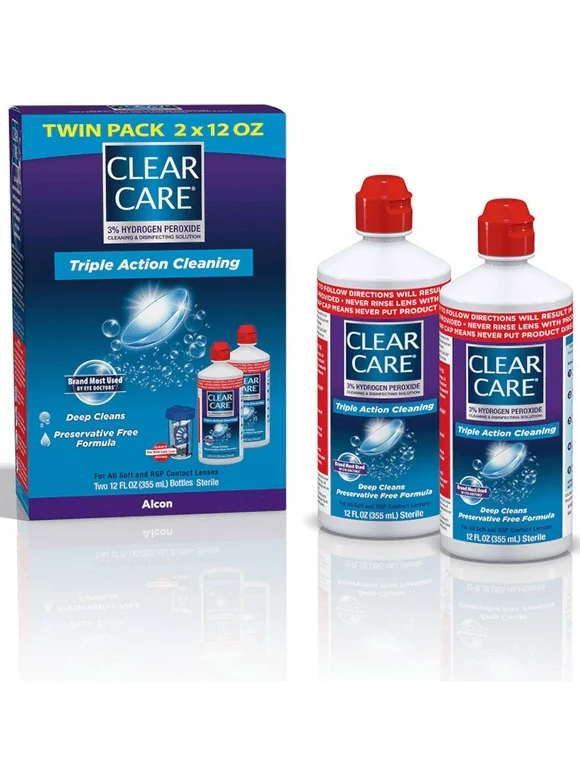 Clear Care Hydrogen Peroxide Contact Lens Cleaning and Disinfecting Liquid Solution, Two 12 oz per pack
