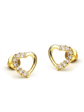 14k Gold Plated Brass Open Heart Cubic Zirconia Screwback Girls Earrings with Sterling Silver Post