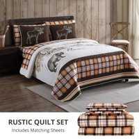 5-Piece Rustic Mountain Twin Oversized Quilt Bed in a Bag with Sham and Microfiber Sheet Set, Plaid Bear Moose Brown Orange