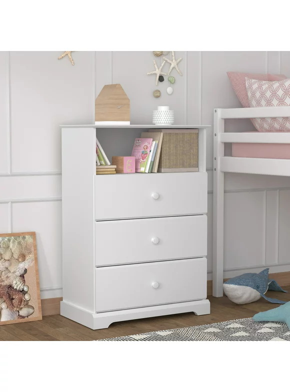 Campbell Wood 3-Drawer Kids Dresser with Storage Shelf, White