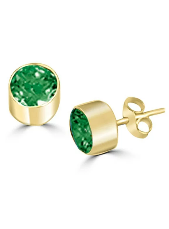 Diamond Essence Bezel Set Stud Earrings with Round cut Emerald Stones - VED1121E - 1 Carat