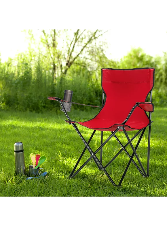 Small Portable Camp Chair with Back and Armrests, Folding Camp Chair with Outside Bag, Metal Frame Compact Chair for Hiking Camping Fishing, 19" x 19" x 31", 230 lbs Weight Capacity, Red, Y0008