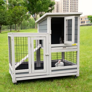 Coziwow Rabbit Hutch Outdoor Wooden Pet Small Animal Cage with Wheels, Openable roof, Gray